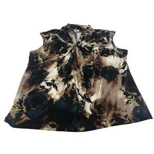 Worthington Women’s Sleeveless Crossover Blouse 1X Stretch Brown Blue Floral Top